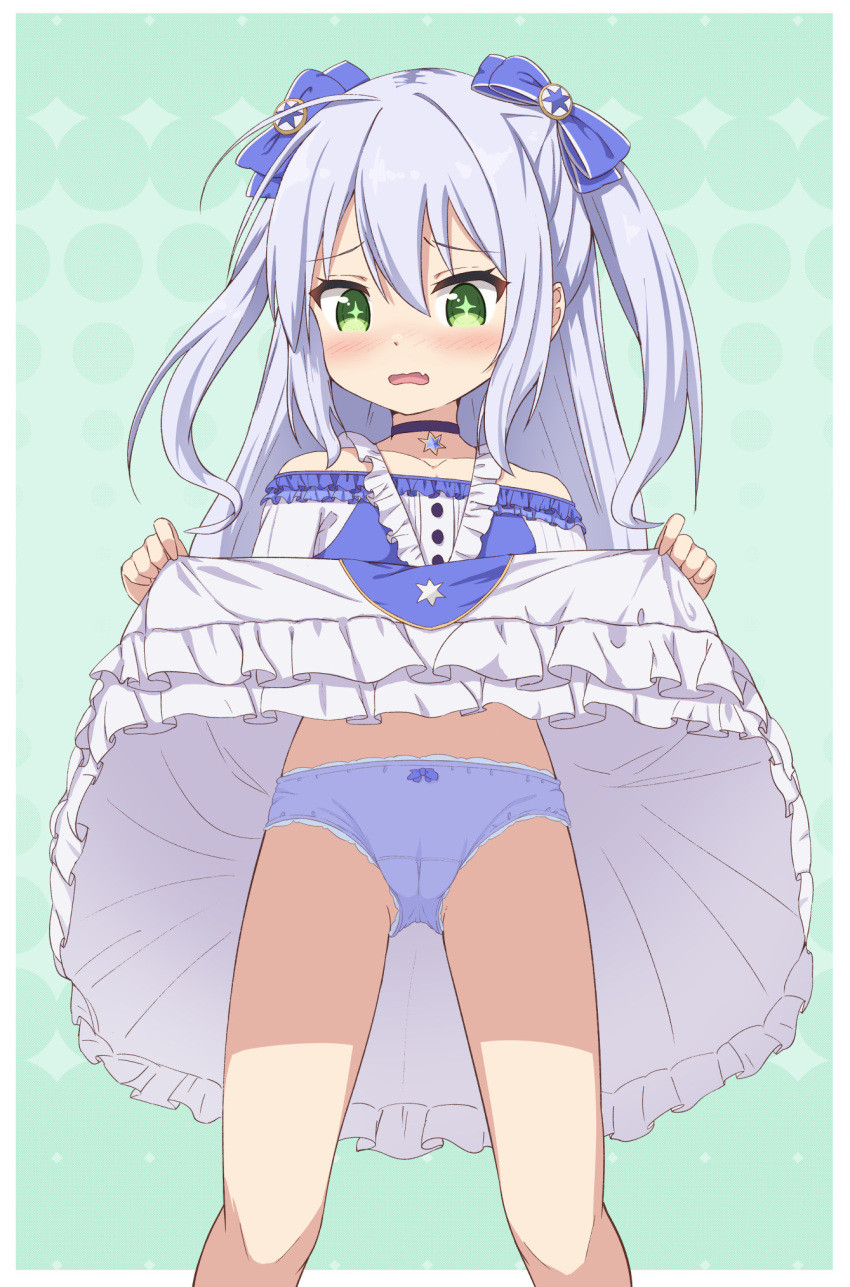 +_+ 1girl blue_hair blush border bow cameltoe choker clothes_lift collarbone commentary_request cowlick dress dress_lift fang feet_out_of_frame flower_knight_girl frilled_dress frills green_background green_eyes hair_between_eyes hair_bow highres lifted_by_self light_blue_hair long_hair off-shoulder_dress off_shoulder outside_border panties purple_bow purple_choker purple_dress purple_panties scilla_(flower_knight_girl) sidelocks skin_fang solo standing star_(symbol) star_choker takasuma_hiro two-tone_dress two_side_up underwear wavy_mouth white_border white_dress
