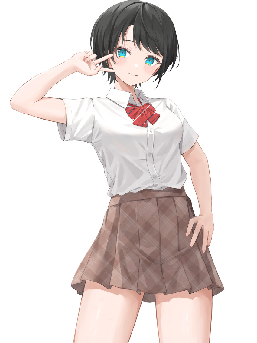 1girl alternate_costume aqua_eyes black_hair blush bow bowtie brown_skirt closed_mouth collared_shirt commentary cowboy_shot hand_on_own_hip hand_up highres hololive looking_at_viewer norio_(noriosub) oozora_subaru plaid plaid_skirt pleated_skirt red_bow red_bowtie school_uniform shirt shirt_tucked_in short_hair short_sleeves simple_background skirt smile solo swept_bangs v v_over_eye virtual_youtuber white_background white_shirt