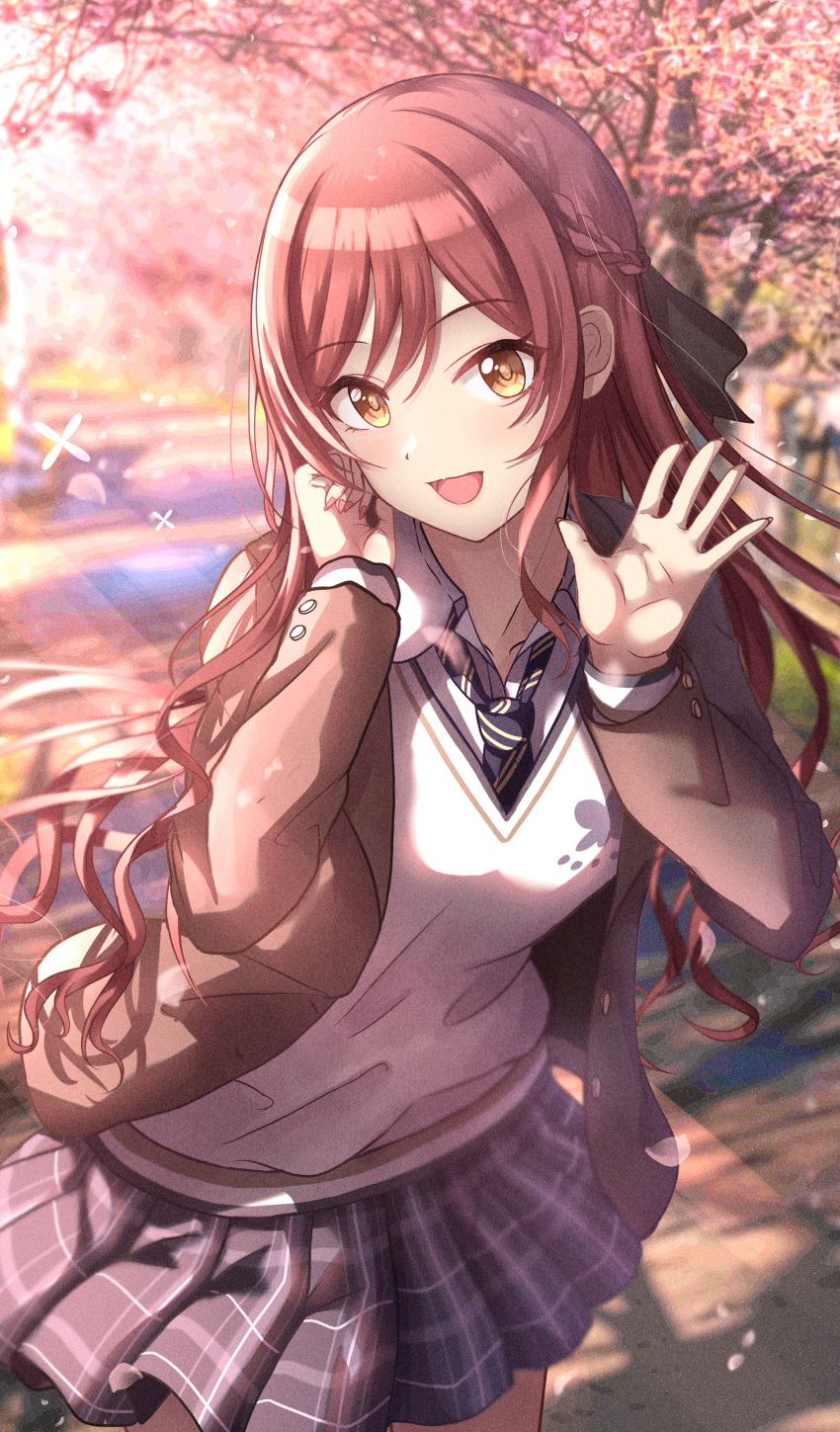 1girl absurdres blazer blush breasts brown_hair brown_jacket cherry_blossoms citrusmikan diagonal-striped_necktie highres idolmaster idolmaster_shiny_colors jacket long_hair looking_at_viewer medium_breasts osaki_amana outdoors plaid plaid_skirt pleated_skirt school_uniform skirt smile solo very_long_hair vest