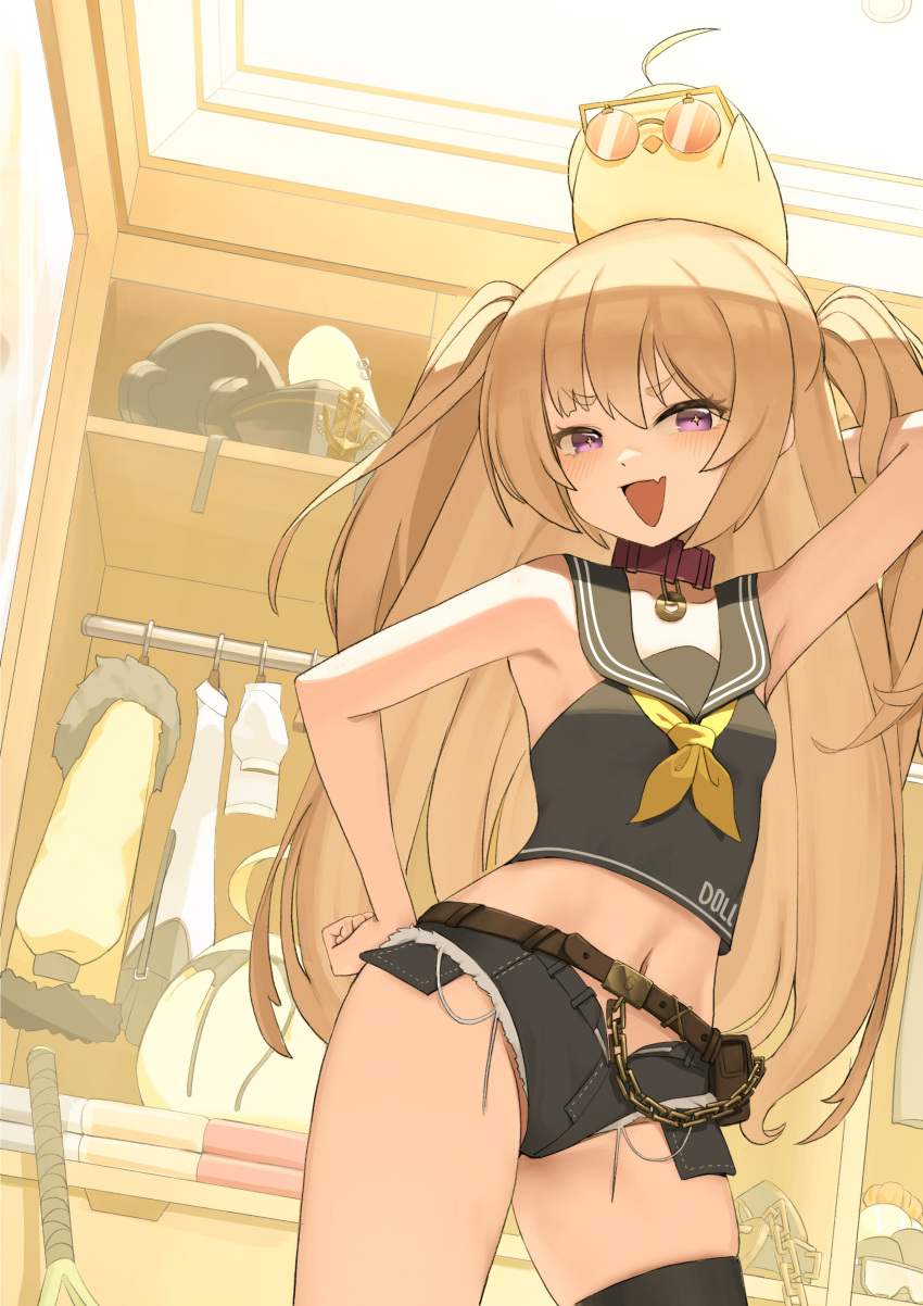 +_+ 1girl absurdres ahoge arm_behind_head arm_up armpits azur_lane bache_(azur_lane) bare_shoulders bird black_sailor_collar black_serafuku black_thighhighs blonde_hair chick collar cowboy_shot cross-shaped_pupils fang hand_on_own_hip hape highres indoors long_hair looking_at_viewer manjuu_(azur_lane) micro_shorts midriff navel neckerchief open_clothes open_mouth open_shorts purple_eyes red_collar sailor_collar school_uniform serafuku shorts single_thighhigh skin_fang smile standing sunglasses symbol-shaped_pupils thighhighs two_side_up wardrobe yellow_neckerchief