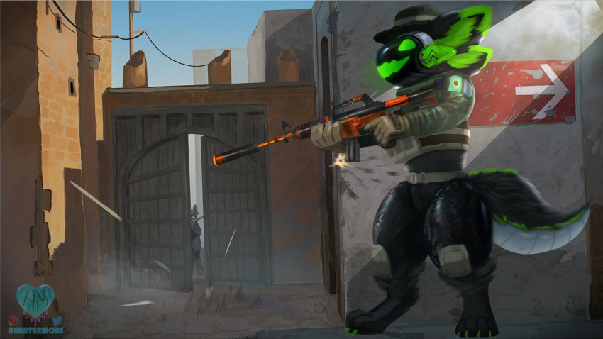 2023 anthro aspekt_(protogen) assault_rifle clothing counter_strike:_global_offensive de_dust2 detailed_background digitigrade duo gate gloves gun handwear hat headgear headwear heartermobs machine male protogen ranged_weapon rifle silencer standing tactical_gloves weapon