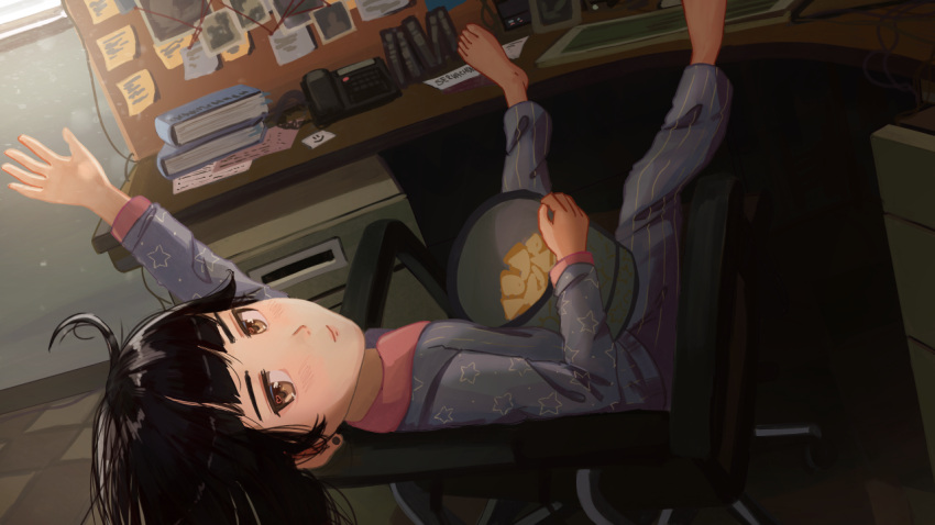 1girl ahoge arm_up black_hair blue_pajamas blunt_bangs blush book brown_eyes bucket bulletin_board cable chair chair_tipping checkered_floor chips_(food) clip_studio_paint_(medium) closed_mouth commentary computer desk drawer dutch_angle feet_on_table food from_behind full_body holding holding_bucket indoors ira_(servachok) jitome keyboard_(computer) leaning_back light_smile long_hair long_sleeves looking_back messy_hair office office_chair original pajamas paper phone photo_(object) servachok smile solo star_(symbol) star_print sticky_note string swivel_chair tile_floor tiles vertical-striped_pajamas