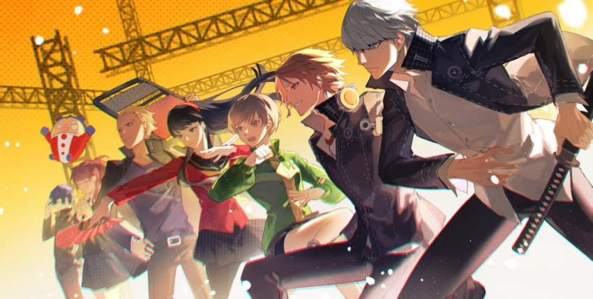 3girls 4girls amagi_yukiko black_hair black_jacket black_pants black_pantyhose black_skirt blonde_hair blue_headwear brown_hair chair folding_chair green_jacket grey_hair hanamura_yousuke hand_fan hat headphones jacket kujikawa_rise kuma_(persona_4) lluyss long_hair long_sleeves multiple_boys multiple_girls narukami_yuu pants pantyhose persona persona_4 satonaka_chie school_uniform shirogane_naoto shirt short_hair skirt tatsumi_kanji white_shirt yasogami_school_uniform