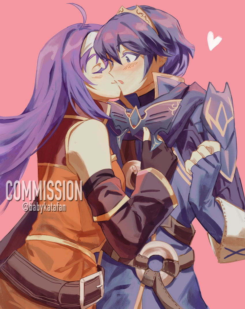 2girls ahoge armor babykatafan bare_shoulders belt black_gloves blue_eyes blue_gloves blue_hair blush brown_belt commission detached_sleeves dress fingerless_gloves fire_emblem fire_emblem:_radiant_dawn fire_emblem_awakening gloves hair_between_eyes hairband heart highres kiss long_hair lucina_(fire_emblem) marth_(fire_emblem_awakening) mask mia_(fire_emblem) multiple_girls orange_dress purple_hair short_hair shoulder_armor tiara twitter_username unworn_mask white_hairband yuri