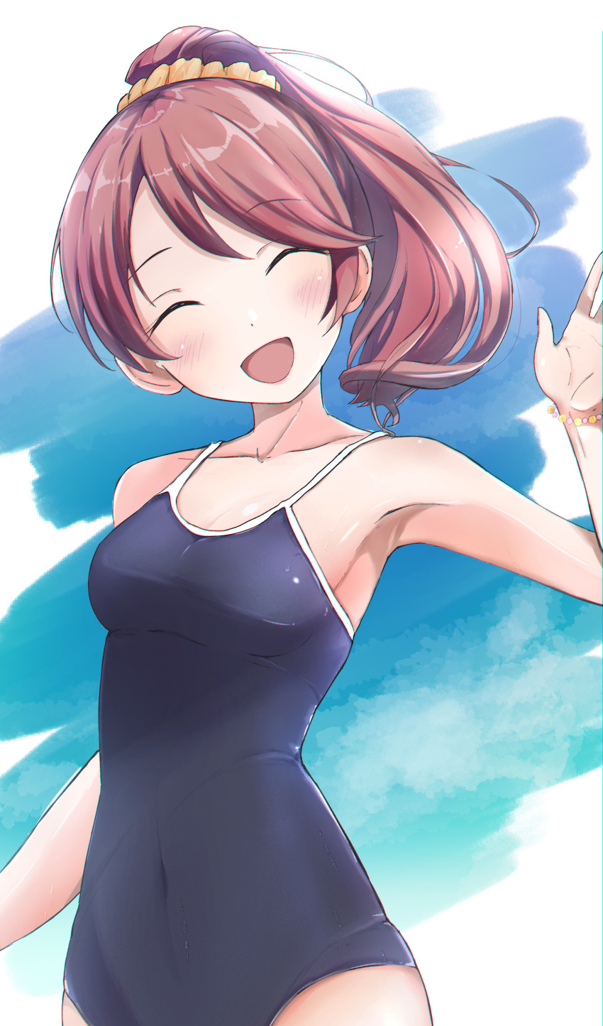 1girl ^_^ absurdres armpits bare_shoulders bead_bracelet beads blue_one-piece_swimsuit blush bracelet breasts brown_hair cleavage closed_eyes collarbone covered_navel cowboy_shot dot_nose hair_ornament hair_scrunchie hand_up highres idolmaster idolmaster_cinderella_girls idolmaster_cinderella_girls_starlight_stage jewelry long_hair one-piece_swimsuit open_hand open_mouth penguin_potof ponytail school_swimsuit scrunchie shiina_noriko small_breasts smile solo standing swimsuit two-tone_background wet wet_clothes wet_swimsuit yellow_scrunchie