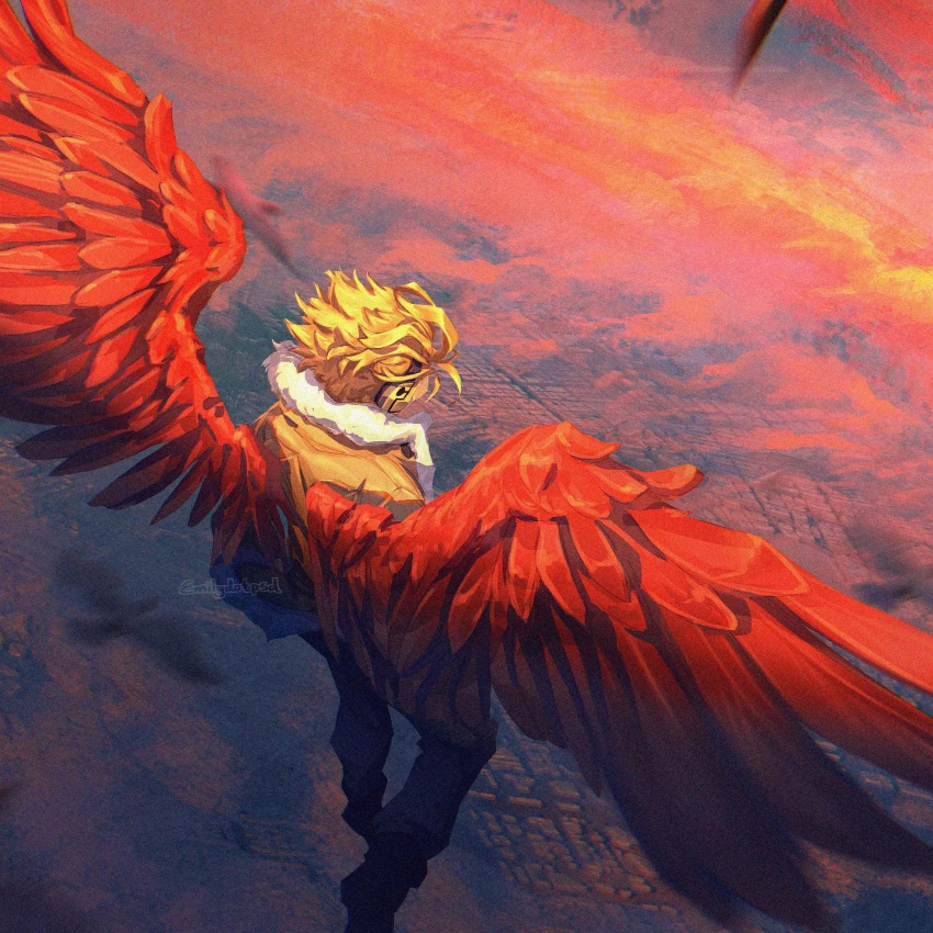 1boy above_clouds bird black_bird blonde_hair blurry blurry_foreground boku_no_hero_academia chromatic_aberration city cloud commentary cropped depth_of_field emily_ooi english_commentary falling_feathers feathered_wings feathers film_grain flying from_above from_behind full_body fur-trimmed_jacket fur_trim hawks_(boku_no_hero_academia) headphones highres jacket jpeg_artifacts light male_focus messy_hair midair outdoors pants perspective pink_clouds red_feathers red_wings short_hair solo spread_wings sunlight twilight wings wings_through_clothes yellow_jacket