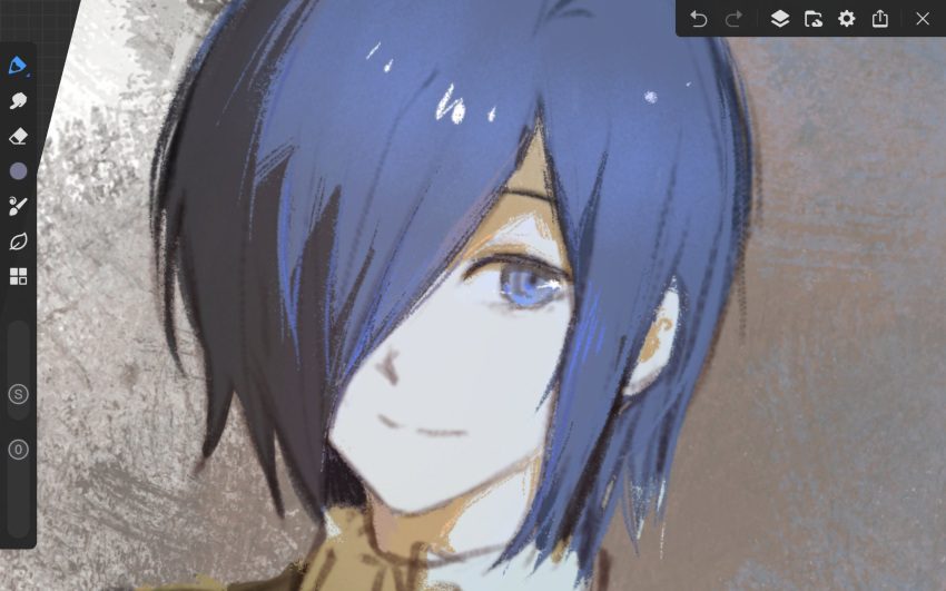 1girl astronut_zzz blue_eyes blue_hair brown_background closed_mouth collared_shirt grey_background hair_over_one_eye highres kirishima_touka looking_at_viewer portrait shirt short_hair smile solo tokyo_ghoul unfinished