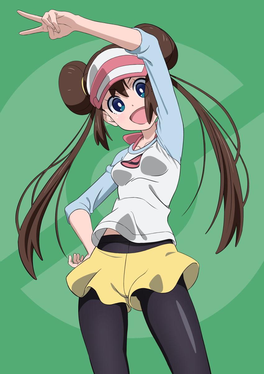 1girl :d aqua_eyes arm_up black_pantyhose bow breasts bright_pupils brown_hair commentary_request double_bun doughnut_hair_bun eyelashes gensei00 green_background hair_bun hand_on_own_hip highres looking_at_viewer open_mouth pantyhose pantyhose_under_shorts pink_bow pokemon pokemon_(game) pokemon_bw2 raglan_sleeves rosa_(pokemon) short_shorts shorts smile solo twintails v visor_cap white_pupils yellow_shorts