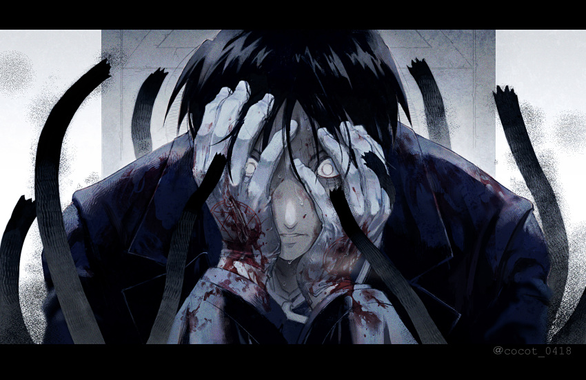 1boy amestris_military_uniform black_hair blind blood blood_on_arm blood_on_clothes blood_on_hands commentary_request creature despair door fullmetal_alchemist gloves hands_in_hair hands_on_own_face hands_up highres injury letterboxed long_sleeves looking_ahead magic_circle male_focus parted_lips portrait reaching roy_mustang short_hair solo_focus spoilers sweat tentacles torn_clothes torn_gloves truth_(fma) twitter_username white_background white_eyes white_gloves wide-eyed yuu_(kotobana_0418)