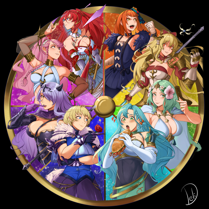 6+girls absurdres ahoge aqua_hair armlet armor ascot bandaged_arm bandaged_hand bandages bare_shoulders belt bikini black_armor black_choker black_dress black_gloves black_horns blonde_hair blue_eyes blue_shirt blush bow braid breasts bridal_gauntlets camilla_(fire_emblem) chloe_(fire_emblem) choker cleavage color_coordination color_wheel color_wheel_challenge covered_navel crossover dancer delicious_brain detached_collar dress elbow_gloves facial_mark facial_tattoo finger_heart fire_emblem fire_emblem:_three_houses fire_emblem_awakening fire_emblem_engage fire_emblem_fates fire_emblem_heroes flower food fur_sleeves fur_trim gauntlets gloves godsworn_alexiel granblue_fantasy green_eyes green_hair grey_gloves hair_between_eyes hair_bow hair_flower hair_ornament hair_over_one_eye heart hibiscus highres holding holding_flower holding_food holding_polearm holding_weapon horns large_breasts long_hair looking_at_another looking_at_viewer looking_to_the_side merrin_(fire_emblem) multiple_crossover multiple_girls official_alternate_costume olivia_(fire_emblem) open_mouth orange_eyes orange_hair panette_(fire_emblem) pink_flower pink_hair polearm ponytail purple_eyes purple_hair purple_skirt red_bow red_eyes red_flower red_hair red_rose rhea_(fire_emblem) rose sandwich serious shirt short_bangs short_hair shoulder_armor side_braid sideboob simple_background single_braid skirt smile stitched_mouth stitches swimsuit tattoo tiara twin_braids two-tone_bow upper_body very_long_hair vira_(granblue_fantasy) wavy_hair weapon white_background white_bikini white_dress white_gloves yandere yellow_eyes