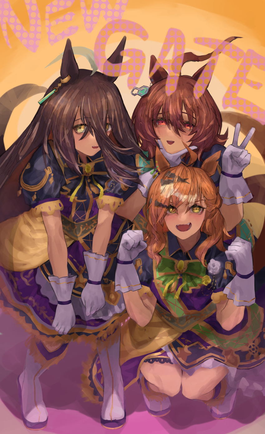 3girls absurdres agnes_tachyon_(umamusume) ahoge animal_ears boots bow breasts brown_hair closed_mouth commentary_request ear_ornament earrings hair_between_eyes hair_ornament highres horse_ears horse_girl horse_tail jewelry jungle_pocket_(umamusume) kneeling long_hair manhattan_cafe_(umamusume) multicolored_hair multiple_girls open_mouth puffy_short_sleeves puffy_sleeves red_eyes short_sleeves single_earring smile streaked_hair tail tonariuta umamusume white_footwear white_hair x_hair_ornament yellow_eyes