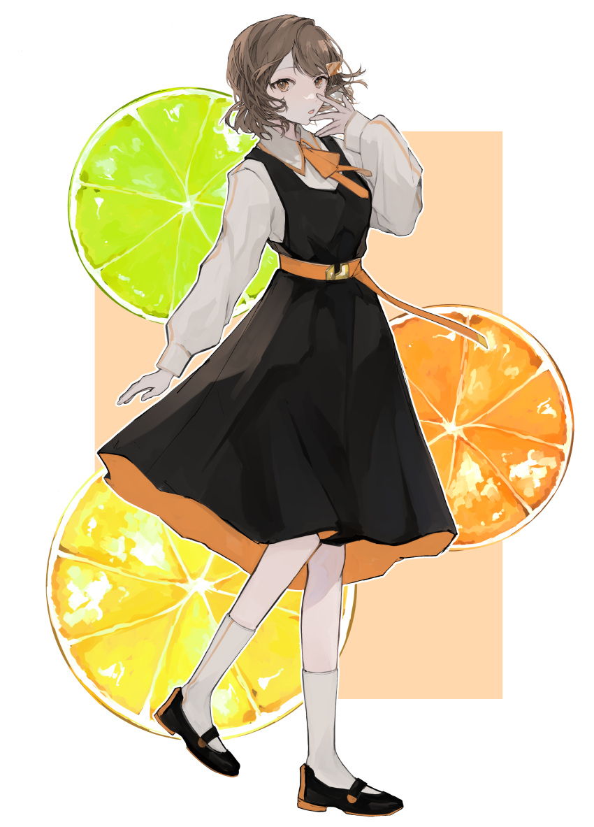 1girl absurdres ascot black_dress black_footwear border brown_hair collared_shirt commentary commission dress floating_hair food fruit full_body hair_ornament hairclip highres kajiwara_3 lemon lemon_slice lime_(fruit) lime_slice long_sleeves looking_at_viewer mandarin_orange open_mouth orange_ascot orange_background orange_eyes original outline pinafore_dress puffy_sleeves shirt short_hair skeb_commission sleeveless sleeveless_dress socks solo teeth upper_teeth_only white_border white_outline white_shirt white_socks