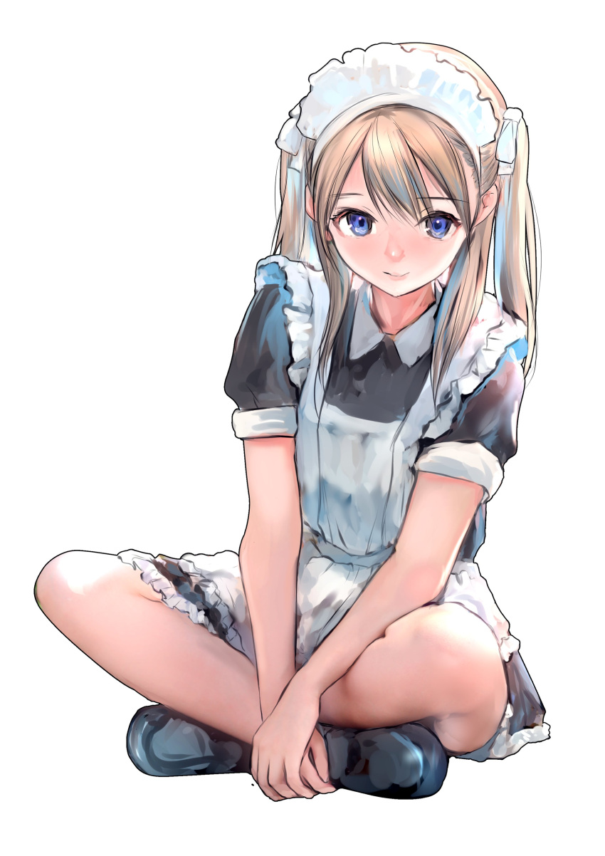 1girl absurdres apron black_dress black_footwear blonde_hair blue_eyes dress emutsuichi frilled_apron frills full_body highres indian_style loafers long_hair looking_at_viewer maid maid_apron maid_headdress original own_hands_together shoes short_sleeves sidelocks simple_background sitting sketch smile solo twintails v_arms white_apron white_background