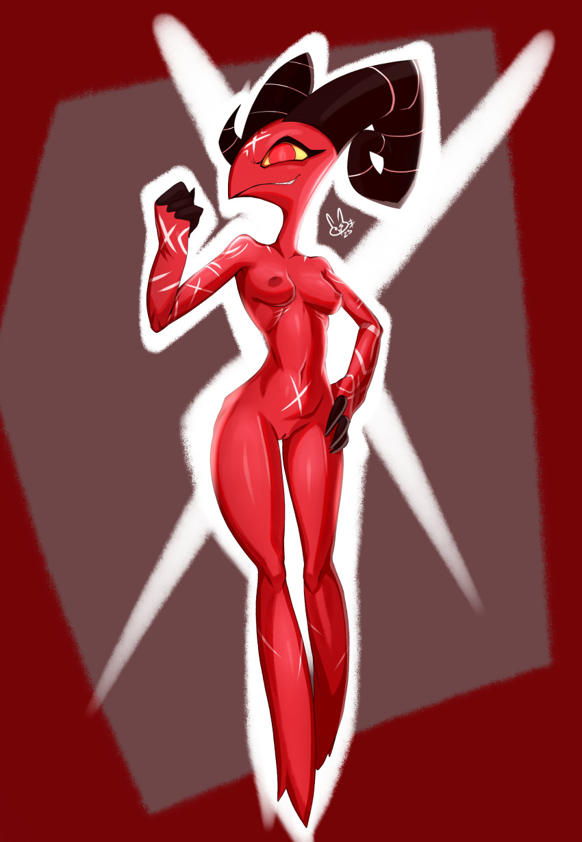 absurd_res anthro barbie_(helluva_boss) birthmark breasts claws demon fangs female genitals helluva_boss hi_res horn imp jaynatorburudragon markings nipples nude open_mouth open_smile pussy red_body red_eyes simple_background smile solo tattoo teeth thick_thighs