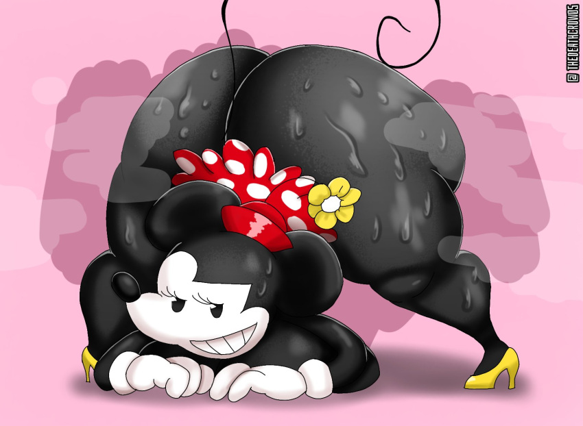 anthro big_butt black_body black_eyes bodily_fluids bottomwear breasts butt clothing disney female footwear gloves handwear hat headgear headwear hi_res huge_butt jack-o'_pose mammal minnie_mouse mouse murid murine pose rodent shoes skirt smile solo sweat tail thedeathcrow05