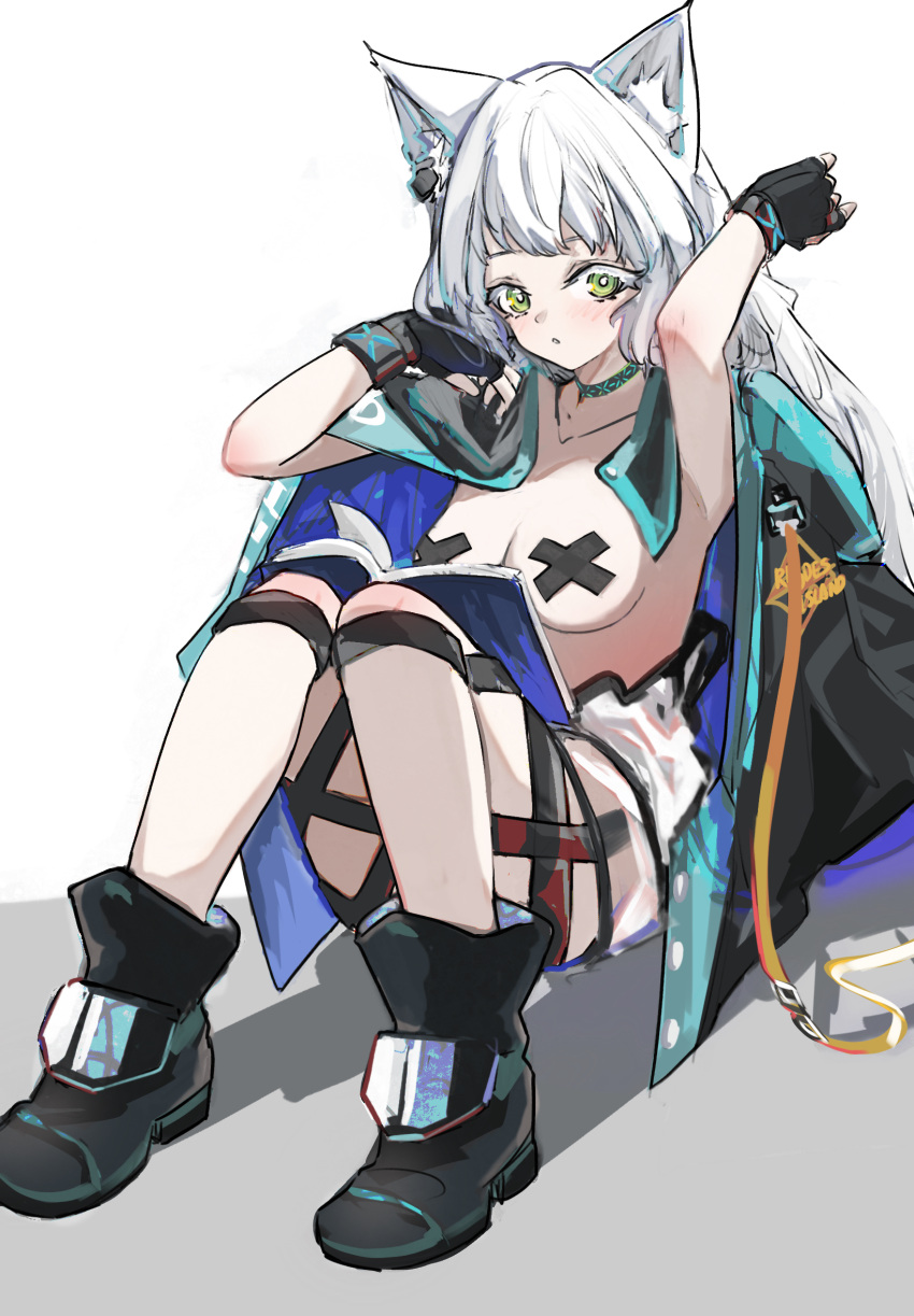 1girl animal_ear_fluff animal_ears arknights armpits arms_up black_coat black_footwear black_gloves blush boots bracelet breasts cat_ears coat coat_on_shoulders collar collarbone fingerless_gloves full_body gloves green_eyes grey_hair highres infection_monitor_(arknights) jewelry knee_boots knees_up long_hair looking_at_viewer medium_breasts parted_lips pasties rosmontis_(arknights) see-through simple_background sitting skirt solo topless very_long_hair whate=3r white_background white_skirt