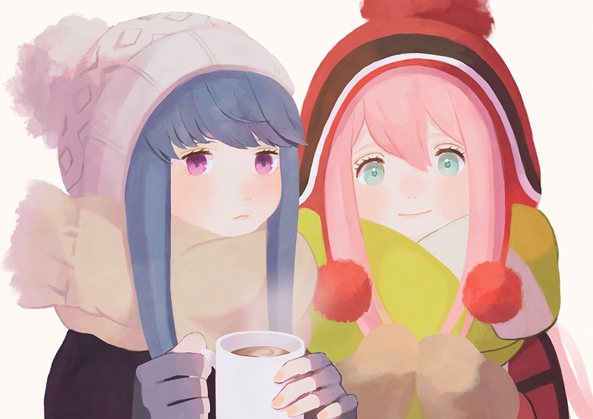 2girls blue_hair cup green_eyes holding holding_cup kagamihara_nadeshiko looking_at_viewer looking_to_the_side mittens multiple_girls pink_hair pom_pom_(clothes) purple_eyes sasanaco scarf shima_rin sidelocks simple_background white_background yurucamp