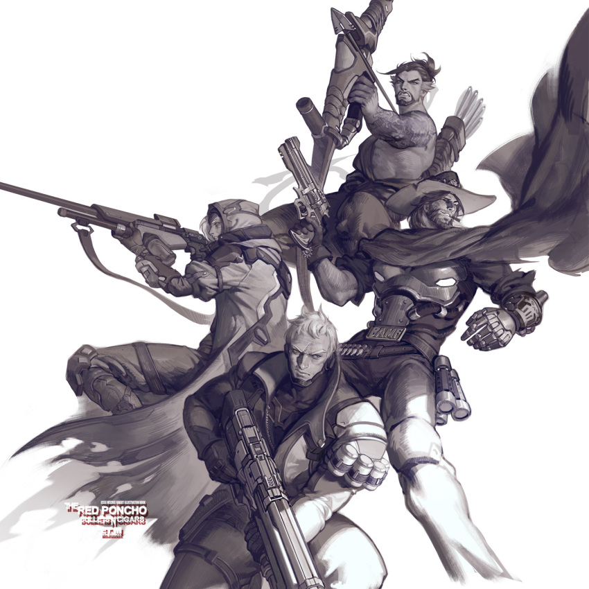 1girl 3boys aiming ana_(overwatch) arm_tattoo armor arrow_(projectile) belt bow_(weapon) cassidy_(overwatch) chest_armor cowboy_hat english_text et.m facial_hair gloves greyscale gun hanzo_(overwatch) hat highres holding holding_arrow holding_bow_(weapon) holding_gun holding_weapon hood hood_up hooded_jacket jacket mechanical_arms monochrome multiple_boys overwatch overwatch_1 pants poncho quiver reaper_(overwatch) short_hair simple_background single_mechanical_arm soldier:_76_(overwatch) tattoo weapon