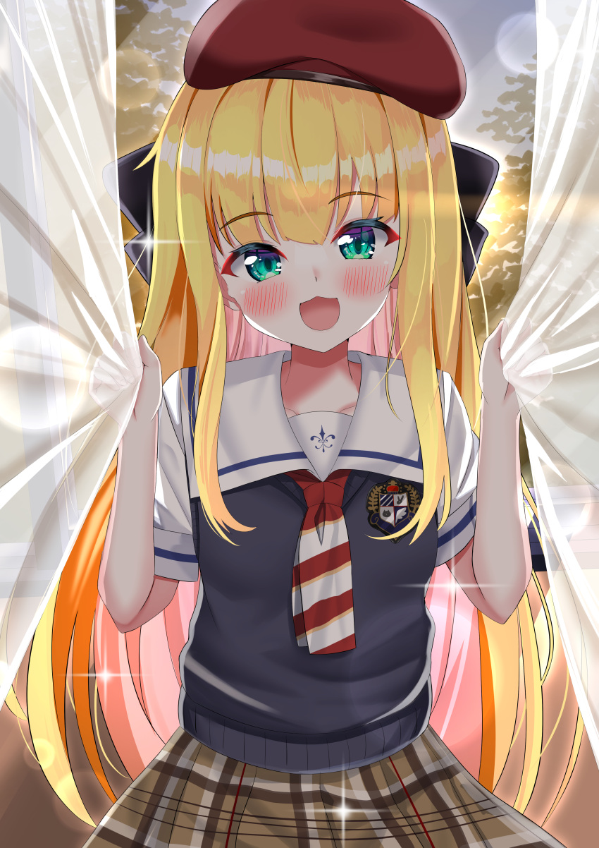 1girl absurdres beret blonde_hair blue_eyes blush breasts collarbone commentary_request curtains hat highres lens_flare long_hair looking_at_viewer mononobe_alice nijisanji open_mouth school_uniform sky small_breasts solo sunset virtual_youtuber yoshino_sakura_(0db5t510388113n)