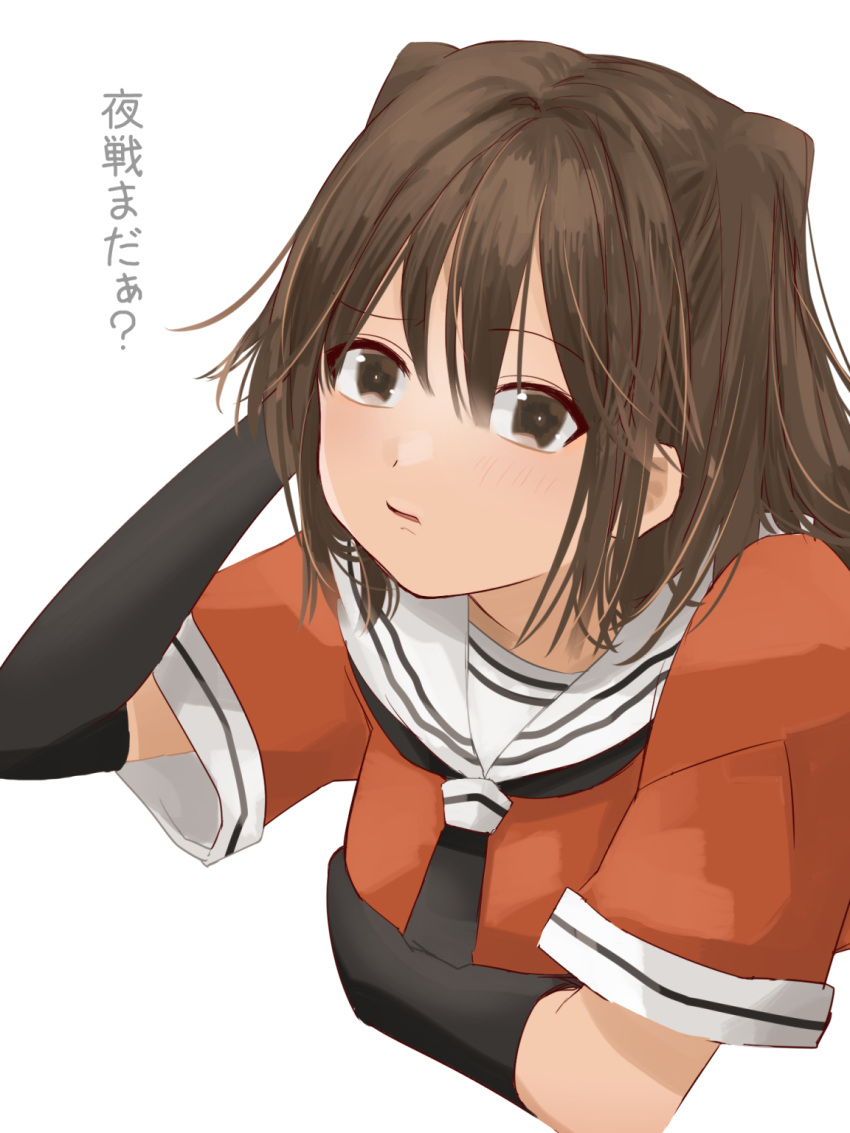 1girl black_gloves black_neckerchief brown_eyes brown_hair commentary_request gloves highres kantai_collection kiusagi_sanae neckerchief orange_serafuku orange_shirt sailor_collar school_uniform sendai_(kancolle) serafuku shirt simple_background solo translation_request two_side_up upper_body white_background white_sailor_collar