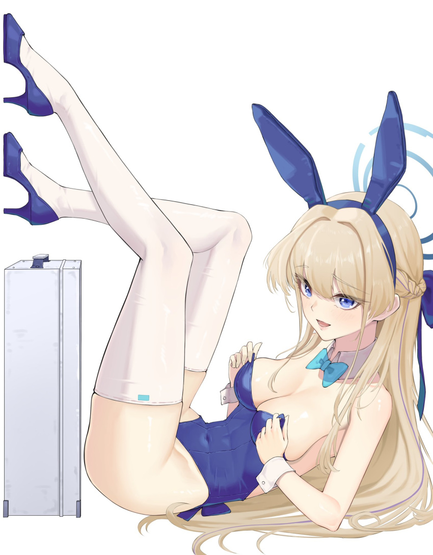 1girl :d adjusting_clothes adjusting_leotard animal_ears bangom_r bare_shoulders blonde_hair blue_archive blue_bow blue_eyes blue_hairband blue_leotard bow bowtie braid breasts briefcase covered_navel detached_collar fake_animal_ears from_side full_body hairband halo high_heels highleg highleg_leotard highres legs legs_up leotard long_hair lying medium_breasts official_alternate_costume official_alternate_hairstyle on_back open_mouth playboy_bunny rabbit_ears smile solo thighhighs thighs toki_(blue_archive) toki_(bunny)_(blue_archive) very_long_hair white_thighhighs wrist_cuffs