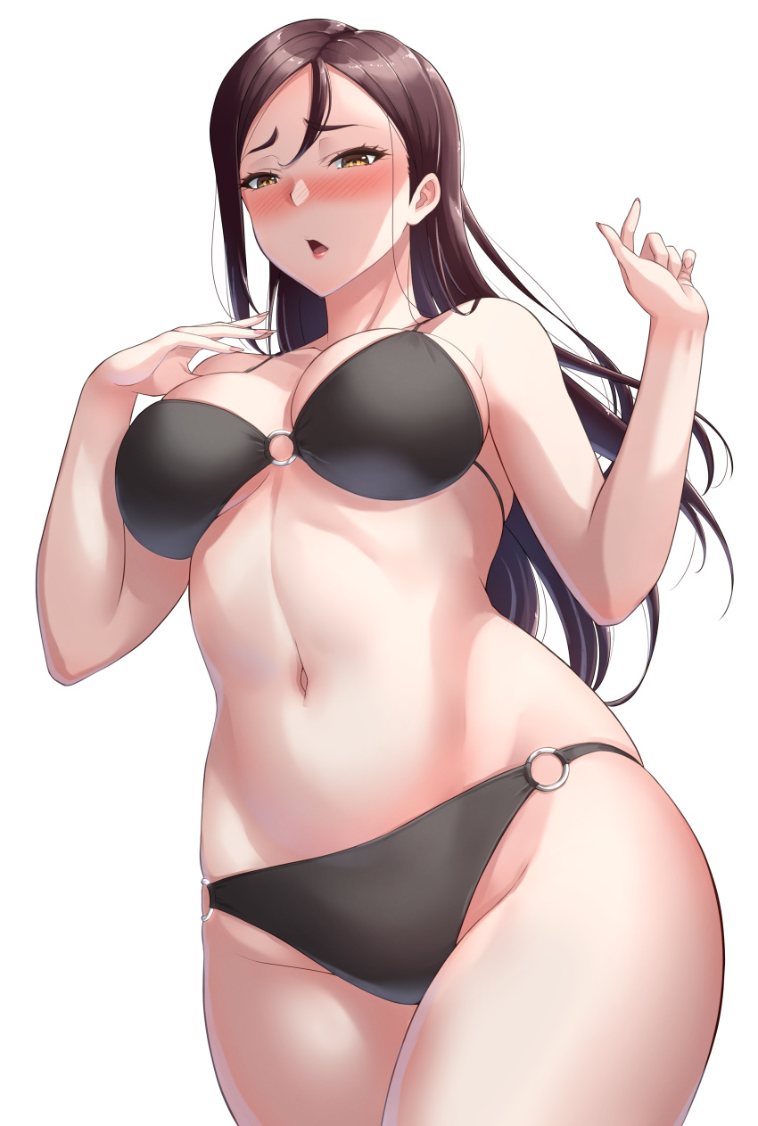 1girl absurdres bare_arms bare_shoulders bikini black_bikini blush breasts brown_hair chishio_(onoderayui) commentary_request cowboy_shot embarrassed fingernails from_below groin hair_behind_ear half-closed_eyes halterneck hands_up highres large_breasts long_hair looking_at_viewer looking_down love_live! love_live!_sunshine!! mature_female navel nose_blush o-ring o-ring_bikini o-ring_bottom o-ring_top parted_bangs parted_lips raised_eyebrows sakurauchi_riko's_mother simple_background solo standing stomach swimsuit w_arms white_background yellow_eyes