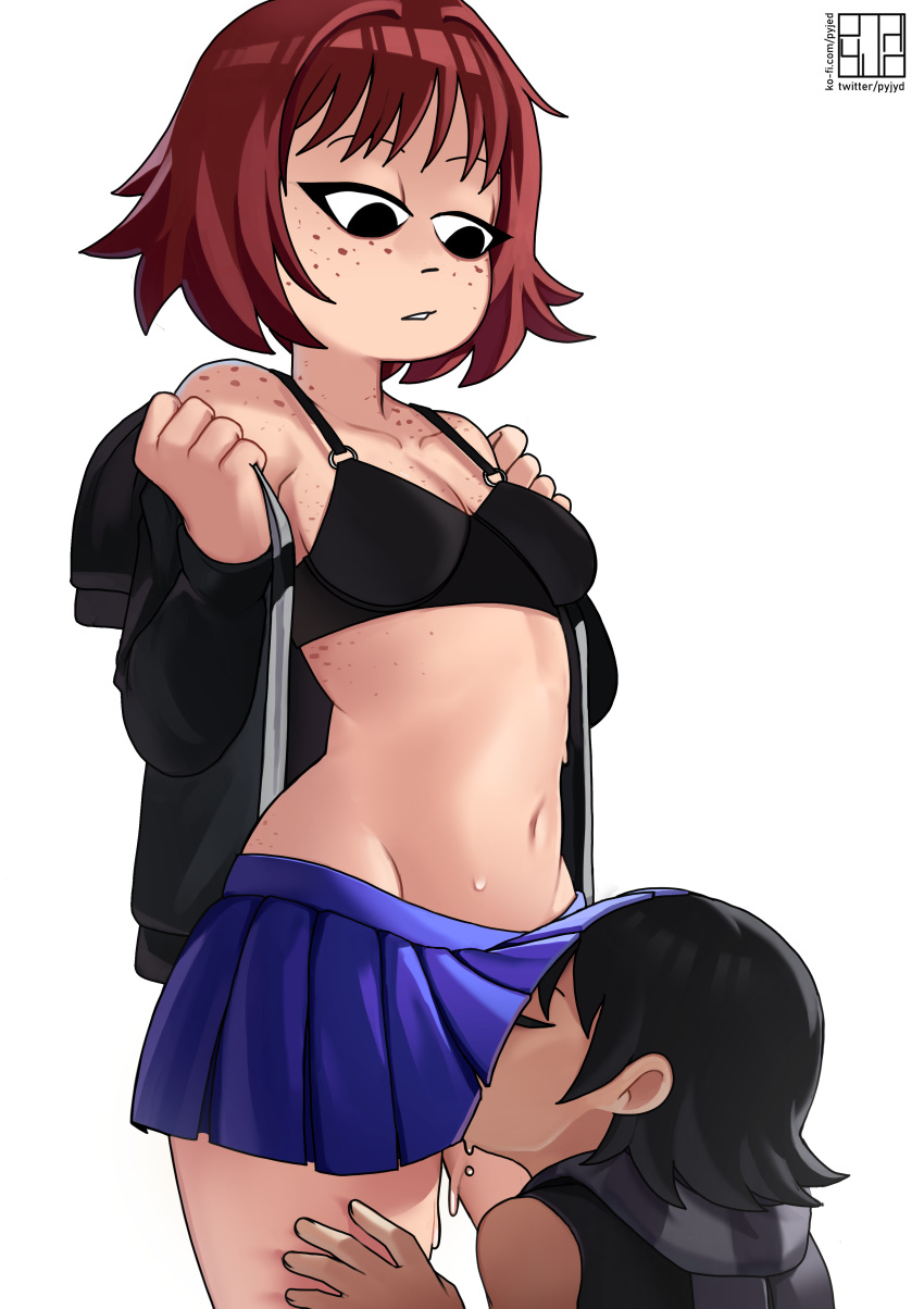 2girls absurdres black_bra black_hair blue_skirt bra breasts brown_hair closed_eyes cunnilingus dapeejee freckles head_under_skirt highres kim_pine knives_chau multiple_girls oral parted_lips pleated_skirt scott_pilgrim_(series) short_hair skirt underwear yuri