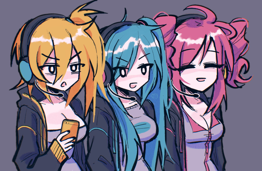 3girls :d =_= ahoge akita_neru black_hoodie blonde_hair blue_hair breasts cellphone cleavage closed_eyes collared_shirt commentary drill_hair english_commentary grey_background hatsune_miku headset highres hood hoodie kasane_teto long_hair megrocks multiple_girls open_mouth phone pink_hair shirt short_hair side-by-side side_ponytail simple_background sleeves_past_wrists smartphone smile triangle_mouth triple_baka_(vocaloid) twin_drills twintails upper_body utau vocaloid