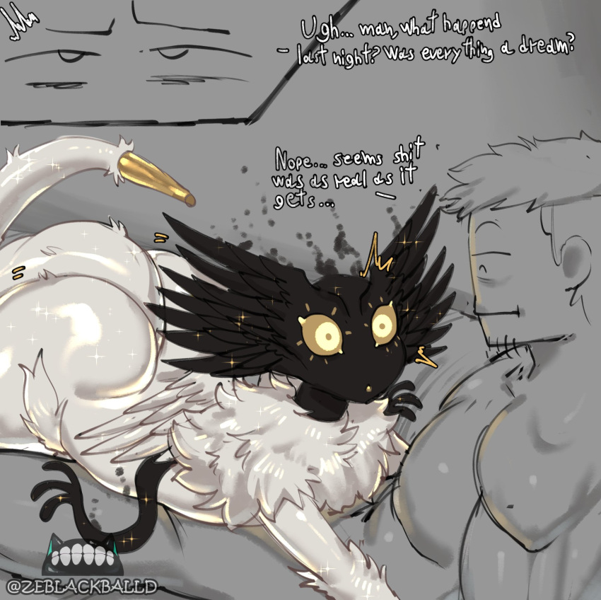 2023 bed big_butt butt dialogue digital_media_(artwork) duo english_text facial_hair feathers fur furniture girly glistening glistening_body hair hi_res huge_butt human humanoid inside male mammal monster neck_tuft on_bed signature text the_nightmare_(character) tuft waking_up white_body white_fur yellow_eyes ze_blackball.d