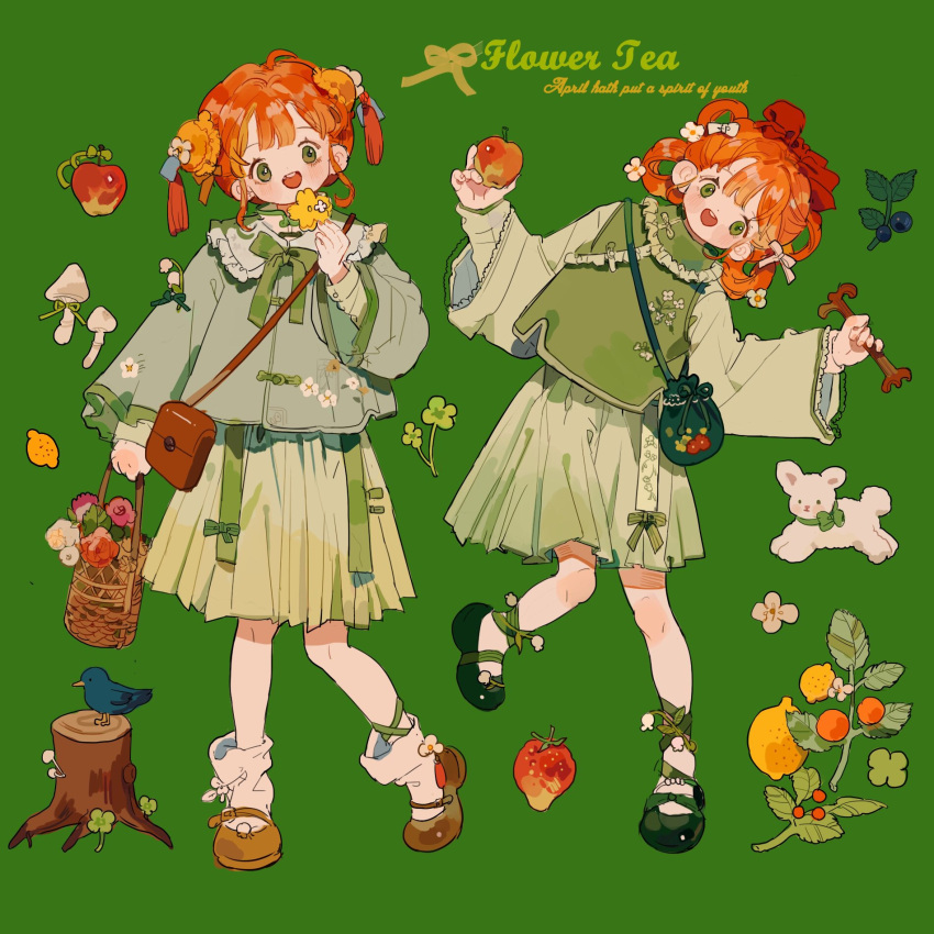 2girls apple bag basket berry bird black_footwear blush_stickers bow bowtie brown_bag brown_footwear bun_cover chinese_clothes clover coin_purse collar collared_jacket commentary commission cookie double_bun english_commentary eyelashes floral_print flower food fork four-leaf_clover frilled_sleeves frilled_vest frills fruit full_body green_background green_bag green_bow green_bowtie green_eyes green_jacket green_ribbon green_shirt green_skirt green_vest hair_bow hair_bun hair_flower hair_ornament highres holding holding_basket holding_cookie holding_food holding_fork holding_fruit jacket lamb leaf leaning_to_the_side leg_ribbon lemon long_sleeves mary_janes medium_skirt multiple_girls multiple_hair_bows open_mouth orange_(fruit) orange_hair original pink_flower pink_rose pleated_skirt putong_xiao_gou red_bow red_flower red_rose ribbon rose sheep shirt shoes shoulder_bag skirt smile socks straight-on tassel tassel_hair_ornament teeth tree_stump upper_teeth_only vest white_bow white_collar white_flower white_socks wide_sleeves