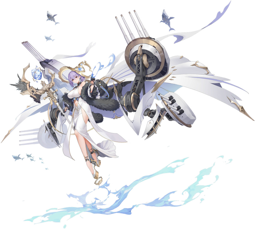 1girl artillery artist_request azur_lane black_gloves blue_gemstone breasts clothing_cutout dress feather_boa floating full_body gem gloves half_gloves hat highres holding holding_staff iris_libre_(emblem) large_breasts looking_at_viewer lyon_(azur_lane) medium_hair navel navel_cutout official_art purple_hair red_eyes rigging rudder_footwear sideboob solo staff white_dress white_theme witch_hat