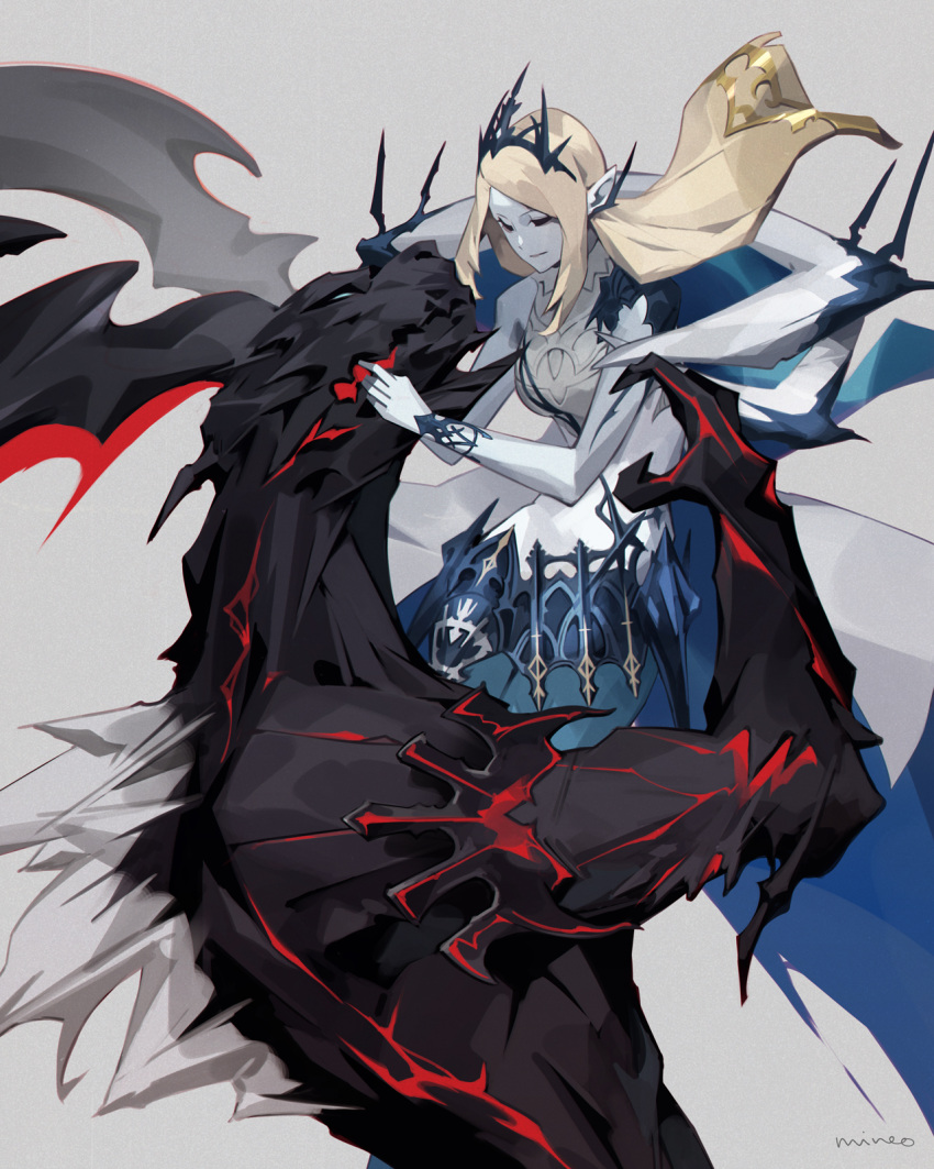 1boy 1girl blonde_hair claws closed_eyes colored_skin final_fantasy final_fantasy_xvi grey_skin hands_on_another's_face highres horns ifrit_(final_fantasy) jiro_(ninetysix) looking_at_another monster pointy_ears shiva_(final_fantasy) spines tiara