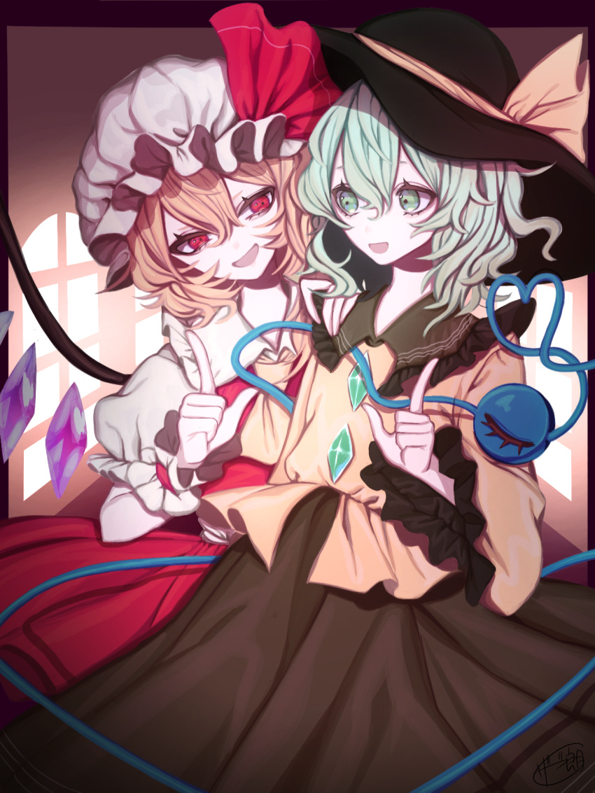 2girls ascot black_headwear blonde_hair blouse brown_skirt collared_shirt crystal flandre_scarlet frilled_shirt_collar frilled_sleeves frills green_eyes green_hair hair_between_eyes hand_on_another's_shoulder hat hat_ribbon head_tilt heart heart_of_string highres index_finger_raised komeiji_koishi long_fingers long_sleeves medium_hair mob_cap multiple_girls open_mouth puffy_short_sleeves puffy_sleeves red_eyes red_skirt red_vest ribbon shirt short_sleeves skirt skirt_set third_eye touhou vest white_headwear white_shirt wings yellow_ascot yellow_ribbon yellow_shirt zabu_rou