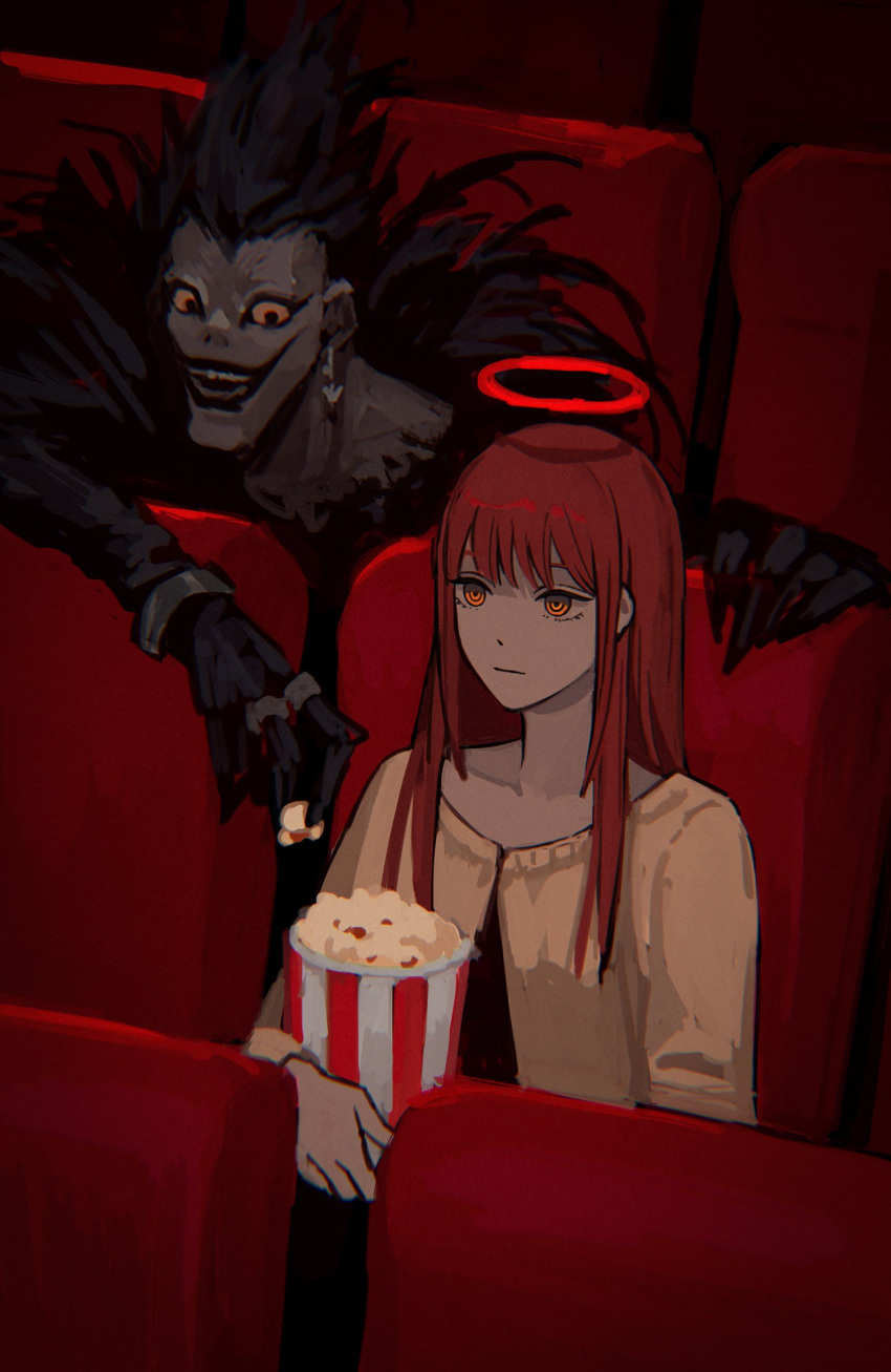 1boy 1girl alternate_hairstyle black_hair cardigan chainsaw_man closed_mouth colored_skin crossover death_note earrings english_commentary food grey_skin grin hair_down halo highres jewelry long_sleeves looking_ahead looking_at_another makima_(chainsaw_man) movie_theater open_mouth popcorn red_hair red_halo ring ringed_eyes ryuk shinigami sitting smile solraka tall_hair theater_seating upper_body yellow_eyes