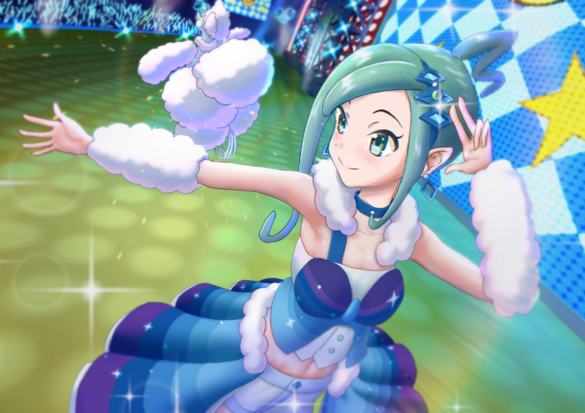 1girl absurdres altaria arm_warmers blue_choker blush choker closed_mouth collarbone earrings eyelashes glowstick green_eyes green_hair hair_ornament highres honda_dousuiyuu idol jewelry lisia_(pokemon) looking_to_the_side navel outstretched_arm overskirt pokemon pokemon_(creature) pokemon_(game) pokemon_oras shorts shorts_under_skirt sidelocks skirt smile sparkle split_mouth stage standing w