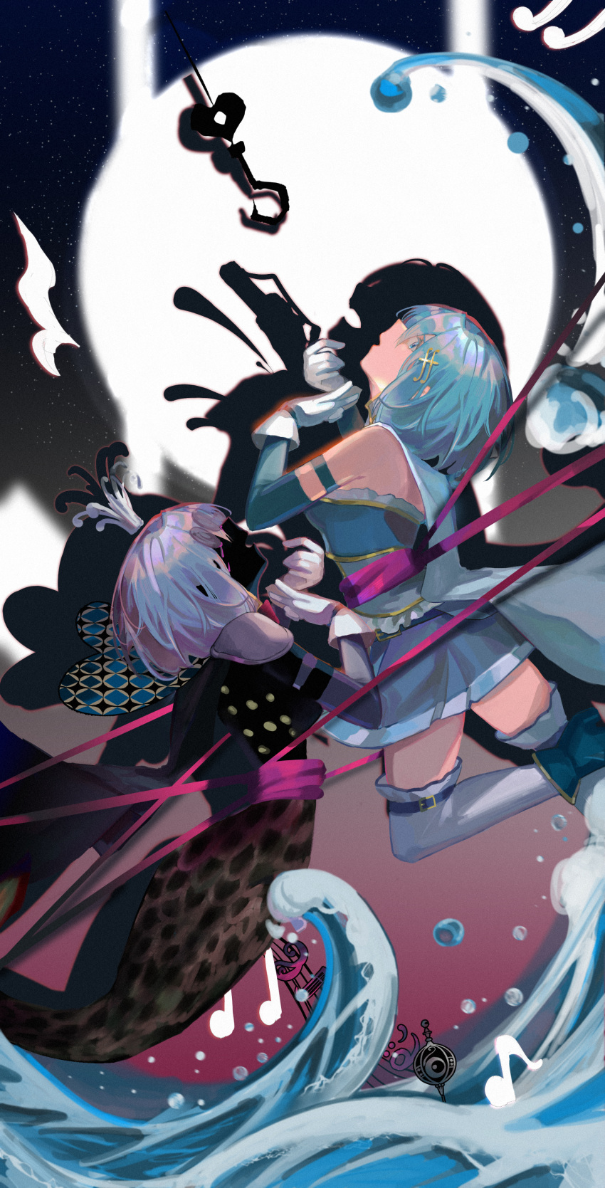 2girls abstract absurdres armor bare_shoulders black_cape black_skin blue_cape blue_eyes blue_hair blue_skirt bodice cape colored_skin detached_sleeves different_shadow drop_shadow dual_persona entangled foot_out_of_frame from_side gloves gradient_background grey_hair grief_seed hair_ornament highres looking_up lunay magical_girl mahou_shoujo_madoka_magica mahou_shoujo_madoka_magica_(anime) mermaid midair miki_sayaka monster_girl multiple_girls musical_note musical_note_hair_ornament oktavia_von_seckendorff open_mouth pauldrons pink_ribbon profile ribbon searchlight short_hair shoulder_armor skirt staff_(music) thigh_strap thighhighs water water_drop waves white_gloves white_thighhighs