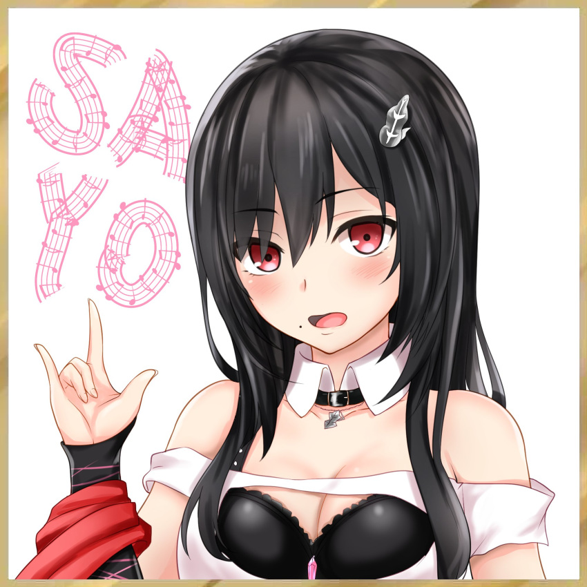 1girl \m/ arm_warmers bare_shoulders black_hair breasts character_name choker cleavage cleavage_cutout clothing_cutout commentary detached_collar hair_ornament hairclip highres mole mole_under_mouth nagishy official_alternate_costume open_mouth red_eyes red_scarf sayo_samonji_(tenka_hyakken) scarf shikishi short_sleeves sidelocks solo tenka_hyakken upper_body white_background