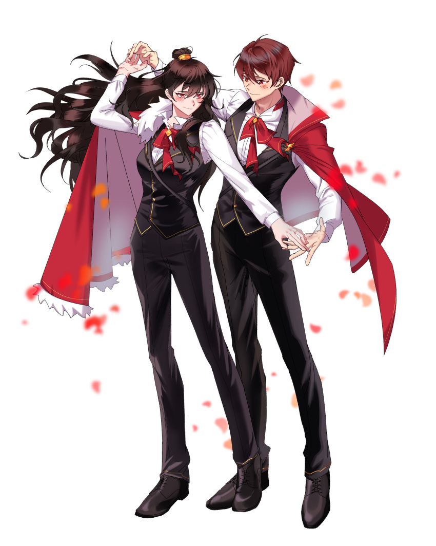 1boy 1girl absurdres black_footwear black_pants black_vest bow bowtie brown_hair cape closed_mouth collared_shirt full_body gold_trim hair_bun highres holding_hands jajeon_liu library_of_ruina long_hair lowell_(library_of_ruina) pants project_moon red_bow red_bowtie red_cape red_eyes red_hair shirt shoes sidelocks simple_background smile standing very_long_hair vest white_background white_shirt xiao_(library_of_ruina)