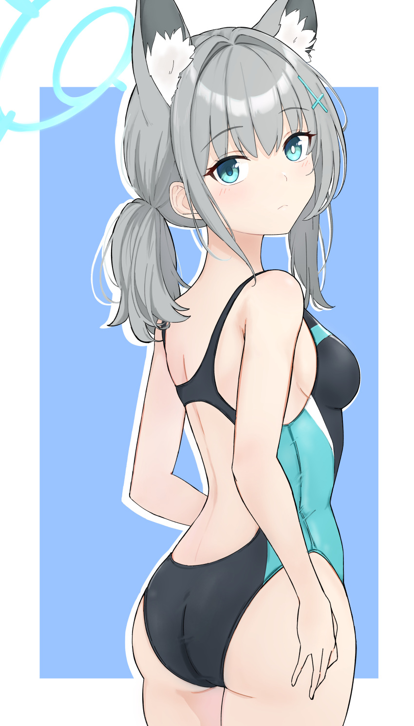 1girl absurdres animal_ear_fluff animal_ears ass black_one-piece_swimsuit blue_archive blue_background blue_eyes breasts competition_swimsuit cross_hair_ornament extra_ears from_behind grey_hair hair_ornament halo highres looking_at_viewer low_ponytail medium_breasts medium_hair mismatched_pupils multicolored_clothes multicolored_swimsuit official_alternate_costume one-piece_swimsuit shiroko_(blue_archive) shiroko_(swimsuit)_(blue_archive) solo swimsuit two-tone_background user_ejmv3243 wolf_ears
