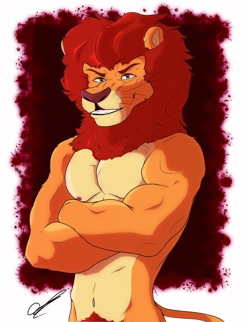 absurd_res anthro crossed_arms depictionexpress felid feline felis fur hi_res lion male mammal mane muscular muscular_anthro muscular_male navel nipples orange_body orange_fur pantherine pubes red_background simple_background smug_expression solo solo_focus