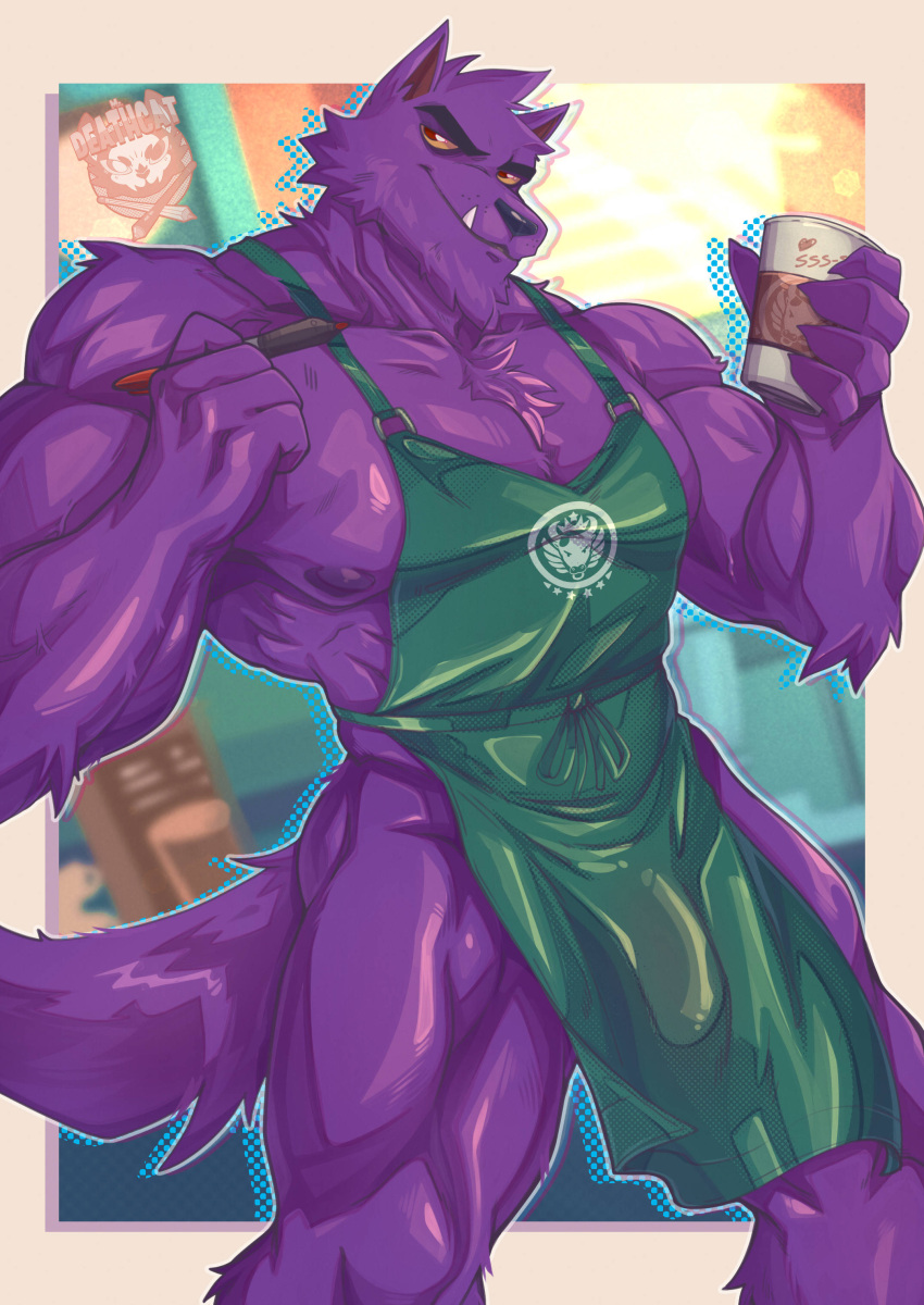 2023 5_fingers absurd_res anthro apron apron_only bernard_(ok_k.o.!_lbh) canid canine canis cartoon_network clothing coffee_cup container cup fingers fur green_apron hair hi_res holding_coffee_cup holding_container holding_cup holding_object holding_pen male mammal mature_male mostly_nude mr._deathcat muscular muscular_anthro muscular_male ok_k.o.!_let's_be_heroes pen purple_body purple_fur purple_hair red_eyes solo standing were werecanid werecanine werewolf wolf yellow_sclera