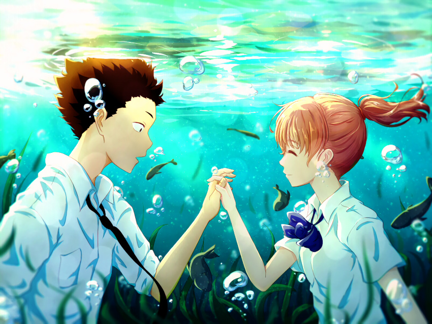 1boy 1girl air_bubble animal black_necktie blue_bow bow bubble closed_eyes closed_mouth collared_shirt commentary_request fish hand_up highres holding_hands interlocked_fingers ishida_shouya koe_no_katachi necktie nishimiya_shouko parted_lips ponytail profile red_hair ripples shirt short_sleeves underwater water white_shirt yato_(alphonse59)