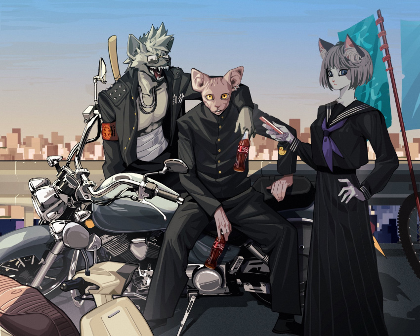 2023 anthro beverage black_bottomwear black_clothing black_dress black_pants black_topwear bottomwear city cityscape clothed clothing domestic_cat dress felid feline felis fingers fully_clothed fur grey_hair group hair hairless hairless_cat hand_on_hip hi_res hyena lljh looking_at_viewer mammal motorcycle multicolored_body multicolored_fur outside pants sky sphynx_(cat) teeth tongue topwear trio vehicle