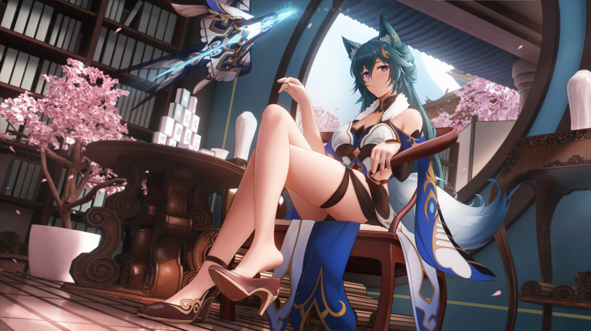 1girl animal_ears aqua_hair architecture bare_legs bare_shoulders blue_sky blush breasts chair cherry_blossoms crossed_legs east_asian_architecture feet fox_ears fox_girl fox_tail full_body hair_between_eyes high_heels highres honkai:_star_rail honkai_(series) indoors large_breasts legs ling_dianxia long_hair looking_at_viewer mahjong mahjong_tile medium_breasts plant potted_plant purple_eyes shoe_dangle sitting skindentation sky solo table tail waist_cutout yukong_(honkai:_star_rail)