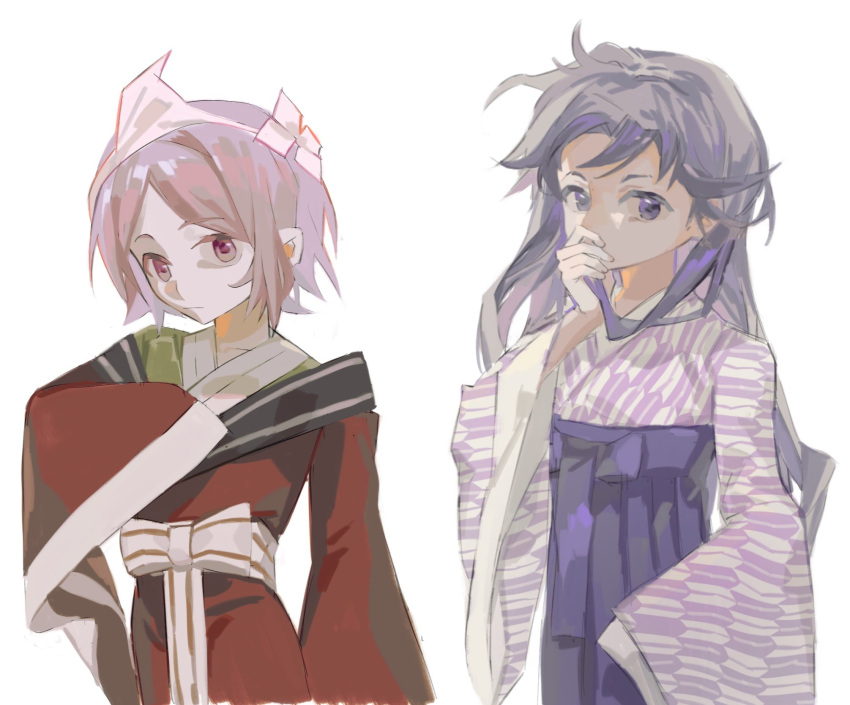 2others alternate_costume androgynous badai bow clause closed_mouth collarbone commentary covering_mouth fingernails frown furisode hakama hand_on_own_chest highres japanese_clothes kimono len'en long_hair long_sleeves looking_at_viewer messy_hair multiple_others obi other_focus patterned_clothing pink_eyes pink_hair purple_eyes purple_hair purple_hakama purple_kimono red_kimono sash shion_(len'en) short_hair sleeves_past_fingers sleeves_past_wrists striped striped_bow symbol-only_commentary triangular_headpiece waist_bow white_background white_bow wide_sleeves