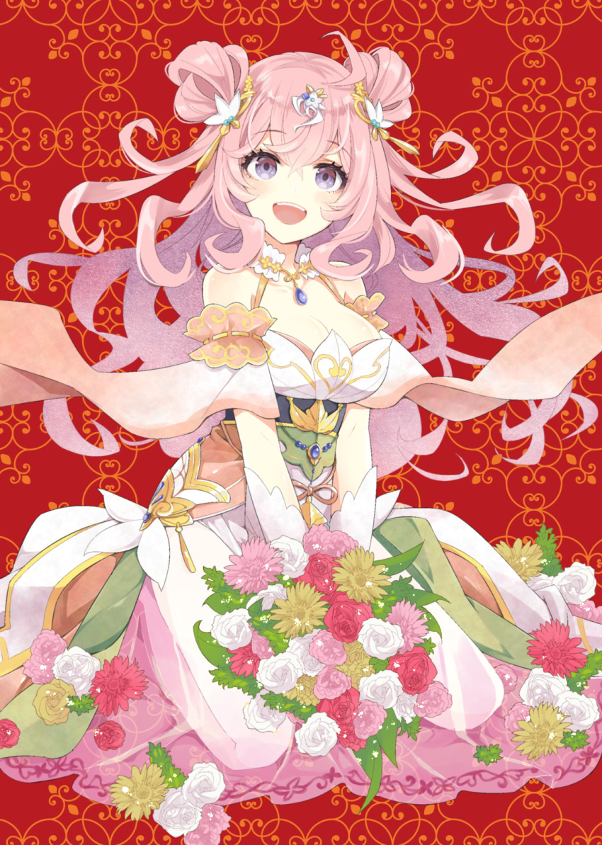 1girl :d ahoge ayakashi_rumble! bouquet breasts cleavage curly_hair double_bun dress eyelashes flower hair_bun hair_ornament highres holding holding_bouquet kinoshita_sakura kneeling lanhua_(ayakashi_rumble!) large_breasts long_hair looking_at_viewer open_mouth pink_flower pink_hair pink_rose purple_eyes rose see-through smile solo white_dress white_flower white_rose yellow_flower