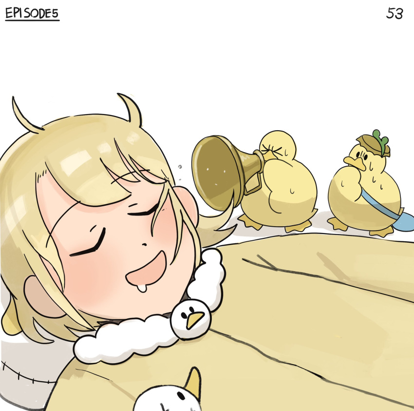 &gt;_&lt; 1girl bag bird blonde_hair bottle_cap closed_eyes clumsy_nun_(diva) diva_(hyxpk) duck duckling frog_headband fur-trimmed_pajamas highres instrument music numbered original pajamas pillow playing_instrument simple_background sleeping trumpet yellow_pajamas