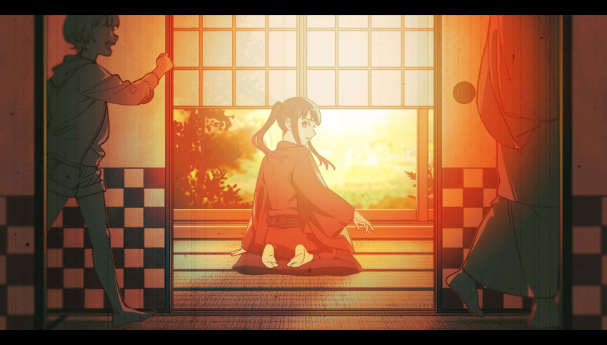 1boy 1girl aged_down akakokko_(niro_azarashi) akane-banashi barefoot cushion japanese_clothes kimono looking_back osaki_akane_(akane-banashi) ponytail seiza shadow short_hair short_shorts shorts sitting sitting_on_pillow sliding_doors socks sunrise tatami window