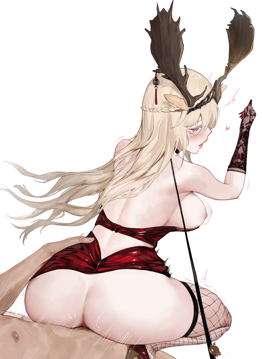 1boy 1girl absurdres afterimage animal_ears antlers arknights ass bare_shoulders black_gloves blonde_hair blue_eyes blush bouncing_breasts breasts breasts_out clothes_lift commission deer_antlers deer_ears deer_girl elbow_gloves fishnet_gloves fishnet_thighhighs fishnets girl_on_top gloves heart hetero highres large_breasts leash long_hair looking_back male_pubic_hair mole mole_under_eye nail_polish nipples no_panties parted_lips pixiv_commission pubic_hair red_nails red_skirt reverse_cowgirl_position sawaki_ken sex sex_from_behind skirt skirt_lift squatting straddling thighhighs torso_grab very_long_hair viviana_(arknights)