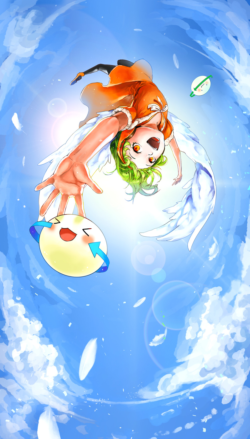 1girl :d absurdres arms_up arrow_(symbol) black_pantyhose blue_sky chunithm cloud commentary dress falling feathered_wings feathers flat_chest floating_hair freedom_dive full_body fur-trimmed_sleeves fur_trim headphones highres lens_flare looking_at_viewer open_mouth orange_dress orange_eyes orange_footwear outdoors pantyhose rapo_01 reaching shoes short_hair short_sleeves sky sky_feather smile solo sun upside-down white_wings wings